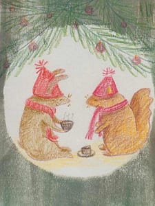 Cartes avec un lapin et un écureuil buvant du thé