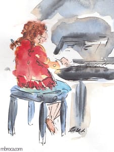M.Broca, croquis d'une fille en robe rouge qqui joue du piano.