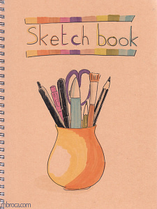 Couverture de carnet, sketchbook. Un pot contenat du matériel pour faire du sketchnoting, crayons, feutres...