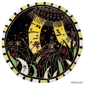 Sgraffite.Illustration de Guêtres de pollen et autres noms indiens. Elle est ronde, deux jambes qui marchent dans l'herbe.