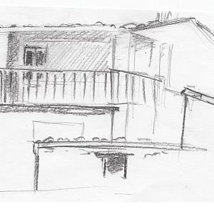 Croquis, maison et balcon, crayon graphite