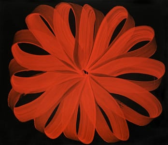 5 expositions 2018, une fleur rouge produite par des lacets de peinture.