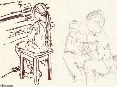 À gauche une pianiste joue de dos. À droite, un jeune guitariste joue tourné vers la gauche.