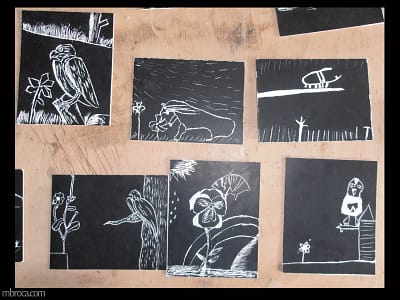 Cours, six dessins sur carte à gratter. Des animaux et des plantes.