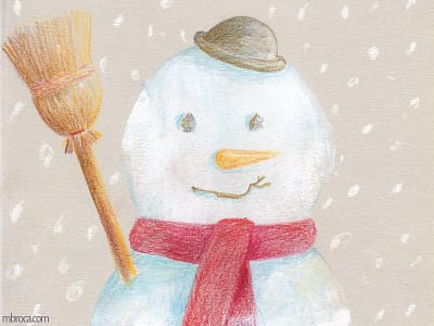 Oeuvre de 2018, calendrier de l'Avent. Un bonhomme de neige avec un balais, une écharpe, un chapeau et une carotte.