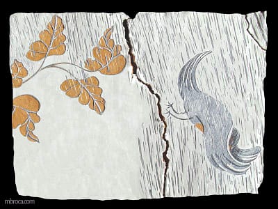 Plaque fissurée, une branche de chêne d'un coté qui chasse un oiseau de l'autre. De la pluie forte tombe saus sous les feuilles du chêne.