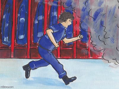 Rouzig de juin 2108, un pompier court vers de la fumée.