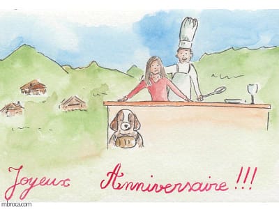 Une carte représentant un couple derrière un comptoir. Un saint Bernard dessiné, et un arrière plan montagneux.